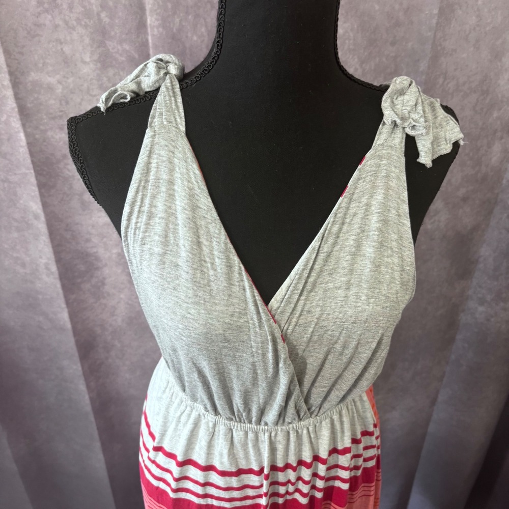 Pink Lotus Gray Pink Orange Striped Boho TShirt Dress Shoulder Tie Womens Small - Picture 2 of 8